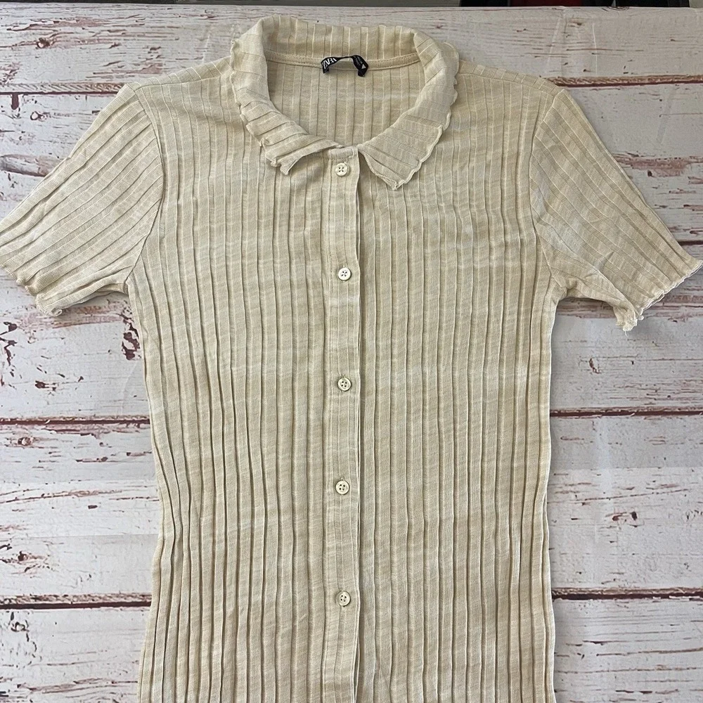 Zara Womens Short Sleeve‎ Ribbed Bodycon Maxi Dress Minimalist Tan Size Large - Picture 2 of 7
